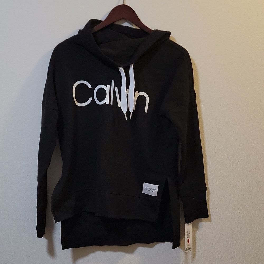 NWT Women's Calvin Klein Performace Funnel-Neck Logo Sweatshirt Black XS